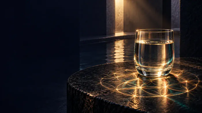 Vaso de agua sobre piedra con un reflejo de la Flor de la Vida