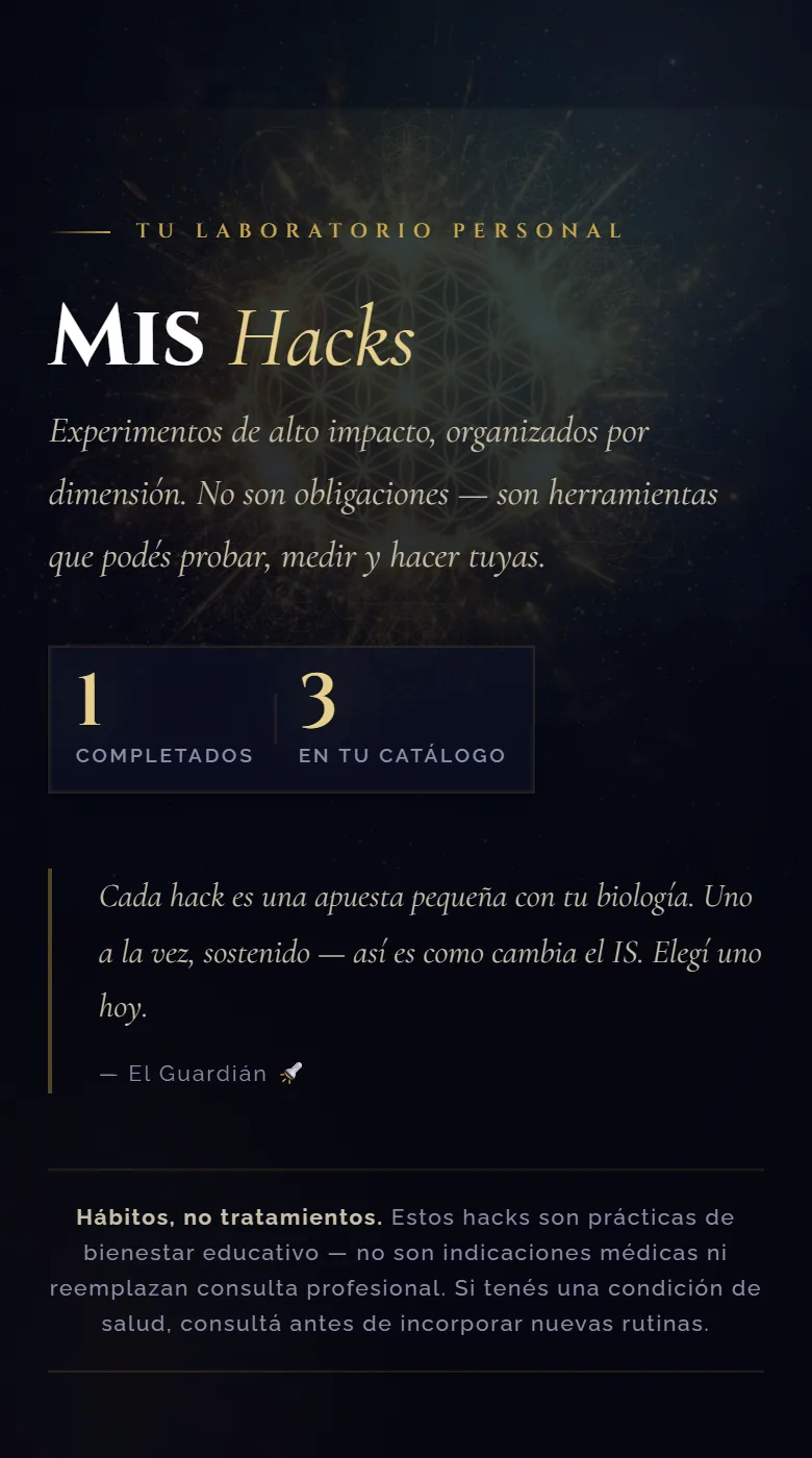 Mis Hacks en el portal: experimentos organizados por dimensión, completados y catálogo