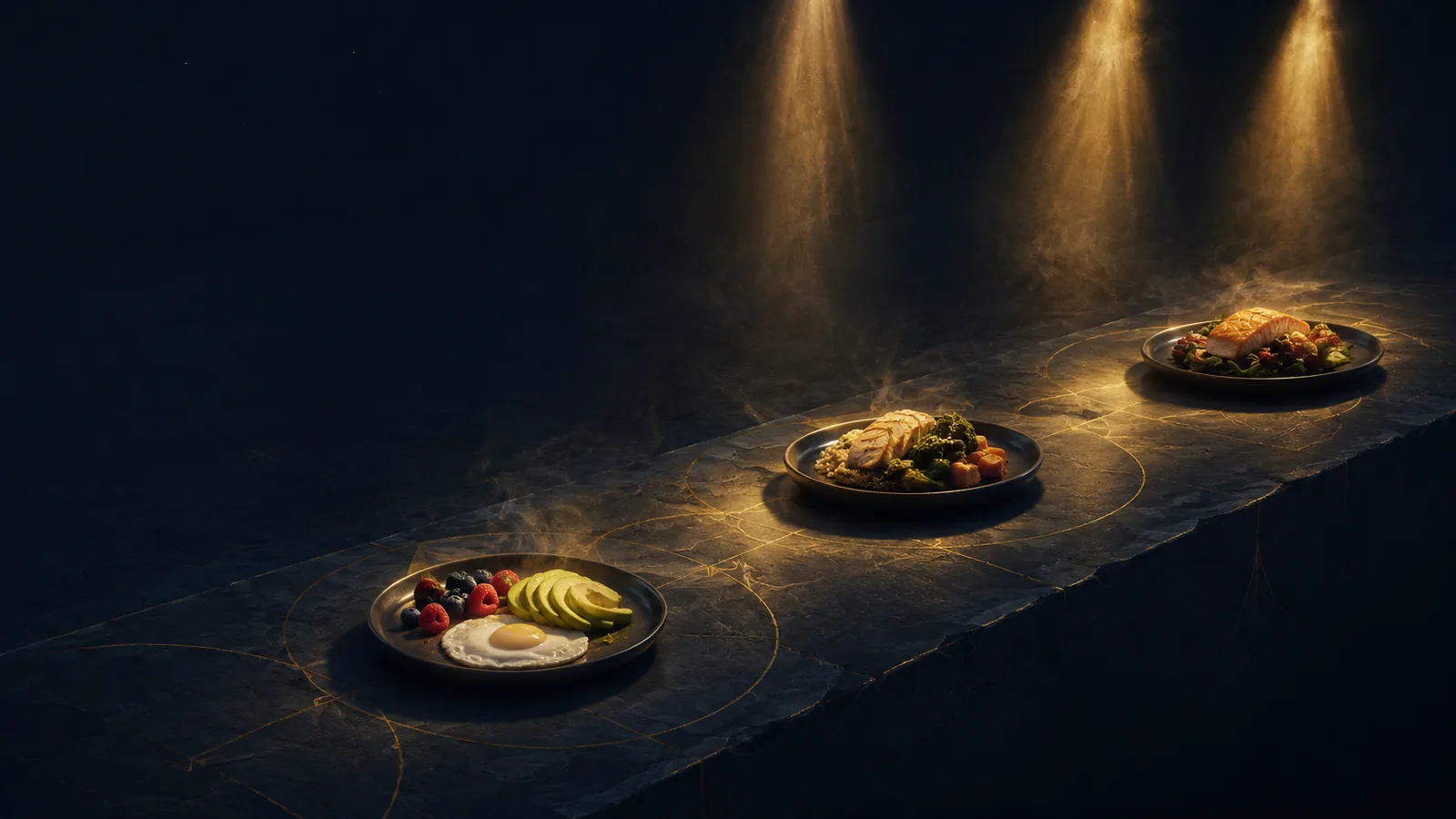 Tres platos sobre una superficie de piedra oscura, en diagonal ascendente, cada uno iluminado por su propio haz de luz dorada