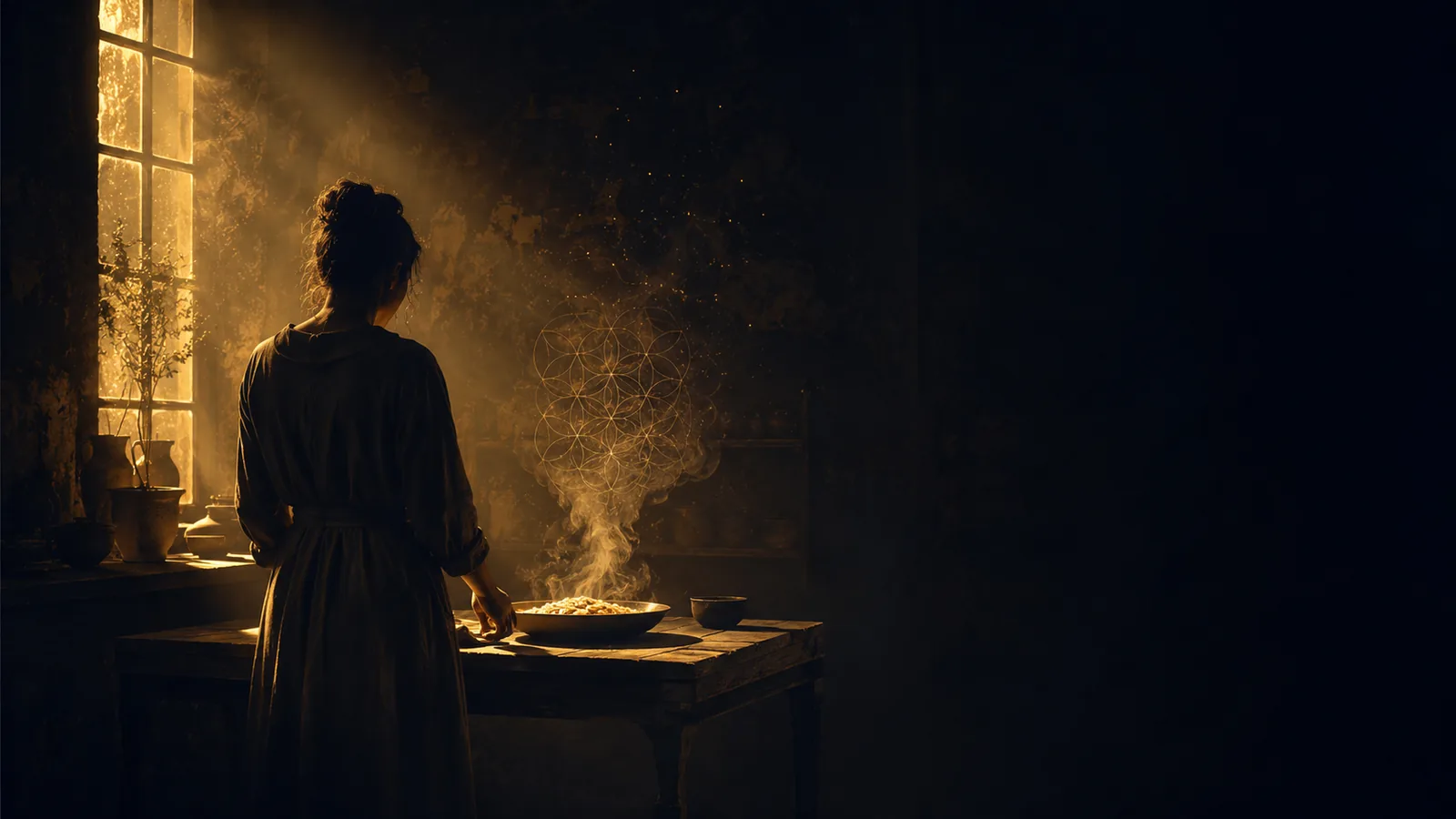 Una cocina al amanecer, una figura de espaldas frente a un plato humeante bañado por la luz dorada de la ventana