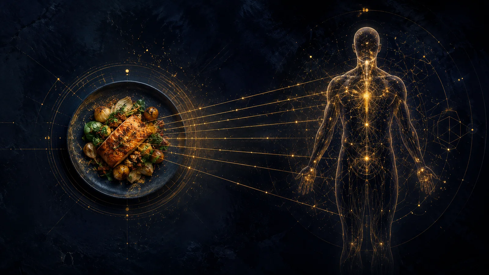 Un plato de comida del que salen líneas de luz dorada hacia la silueta de un cuerpo humano, como señales