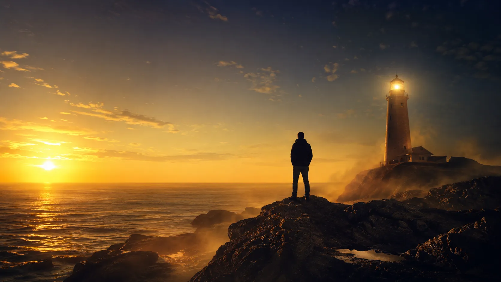 Una persona de pie en un acantilado al amanecer, frente a un faro encendido y el mar en calma