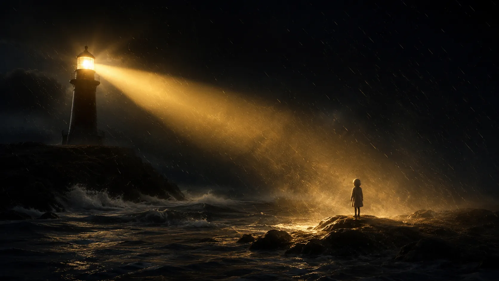 El haz de un faro alcanza a una figura pequeña parada en la lluvia, sobre una roca
