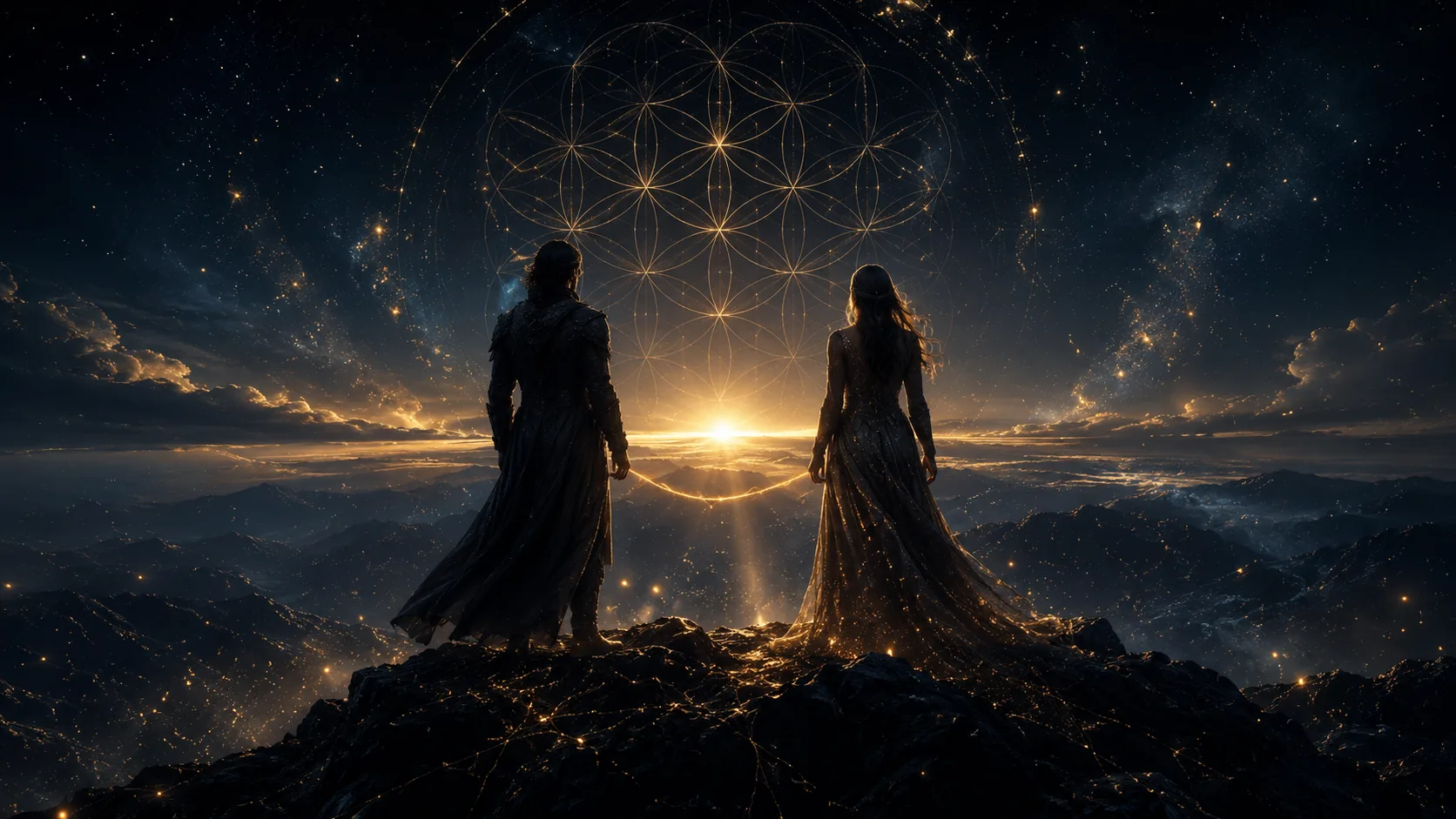 Dos figuras ascendiendo juntas hacia la misma luz — Pack Pareja Soberana ❆