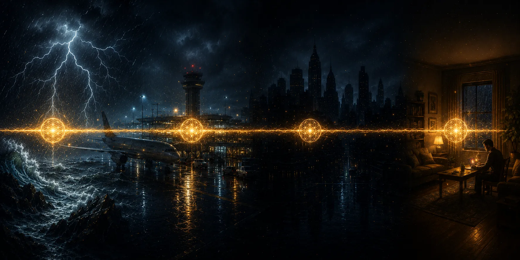 Un hilo dorado cruza sin cortarse la tormenta, el aeropuerto inundado, el apagón de la ciudad y la sala iluminada de tu casa — la continuidad del sistema — Sana Vita ❆