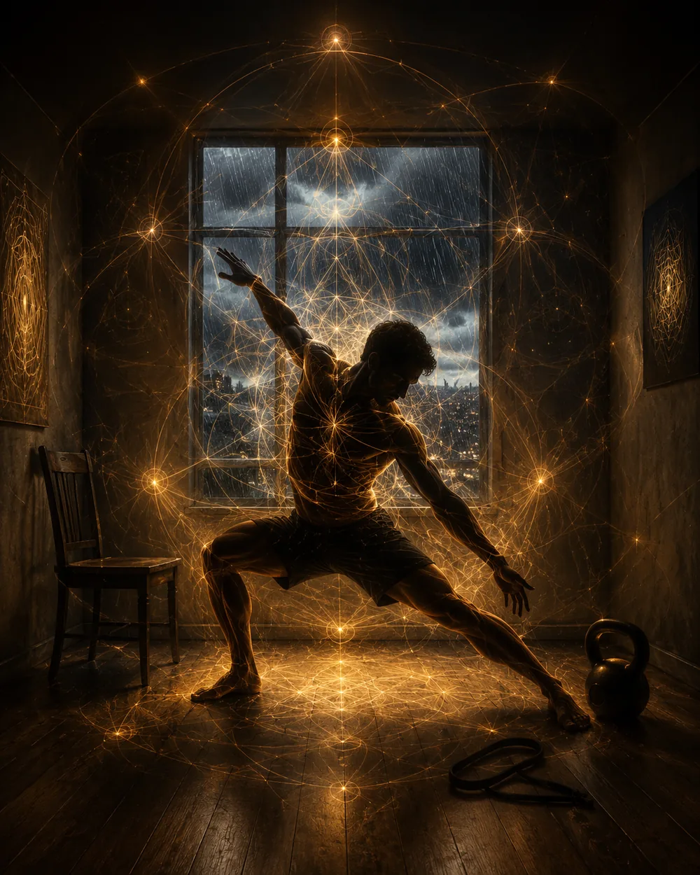 Una figura entrenando con su cuerpo y un kit mínimo en casa mientras afuera hay tormenta, envuelta en geometría dorada — Sana Vita ❆