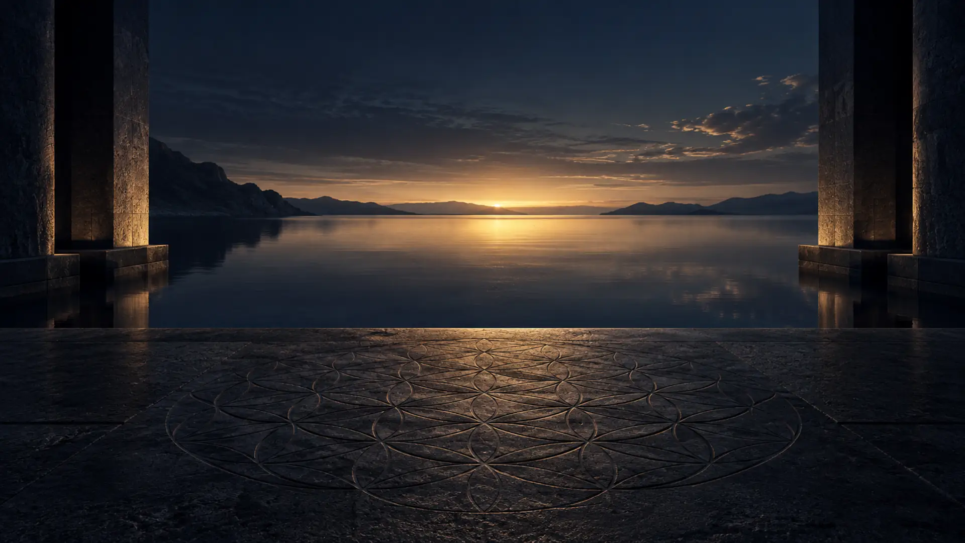 Santuario de piedra oscura sobre agua quieta, con la Flor de la Vida grabada frente al amanecer